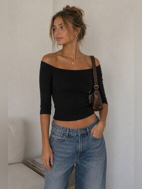 Vintage Jessica McClintock Classic Black Off-Shoulder Crop Top